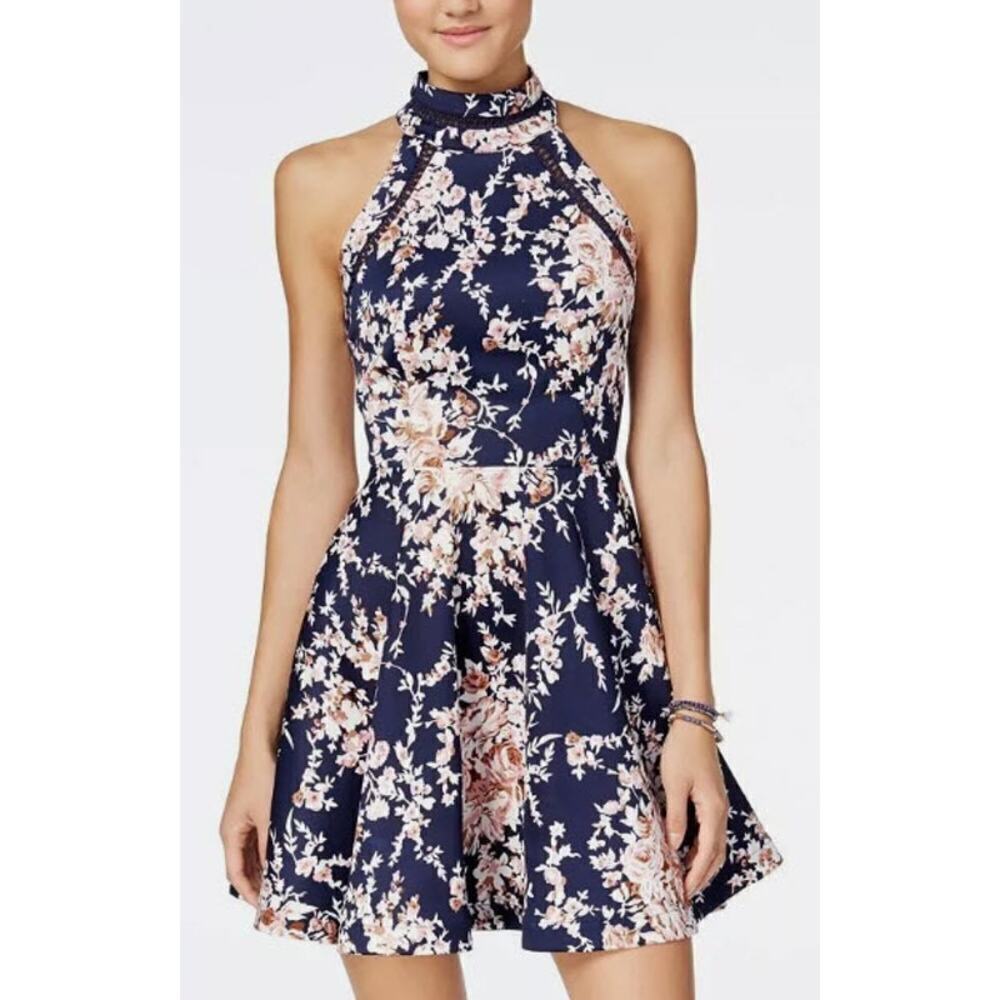 B Darlin Floral Halter Fit and Flare Dress Navy Pink Floral Size 9/10